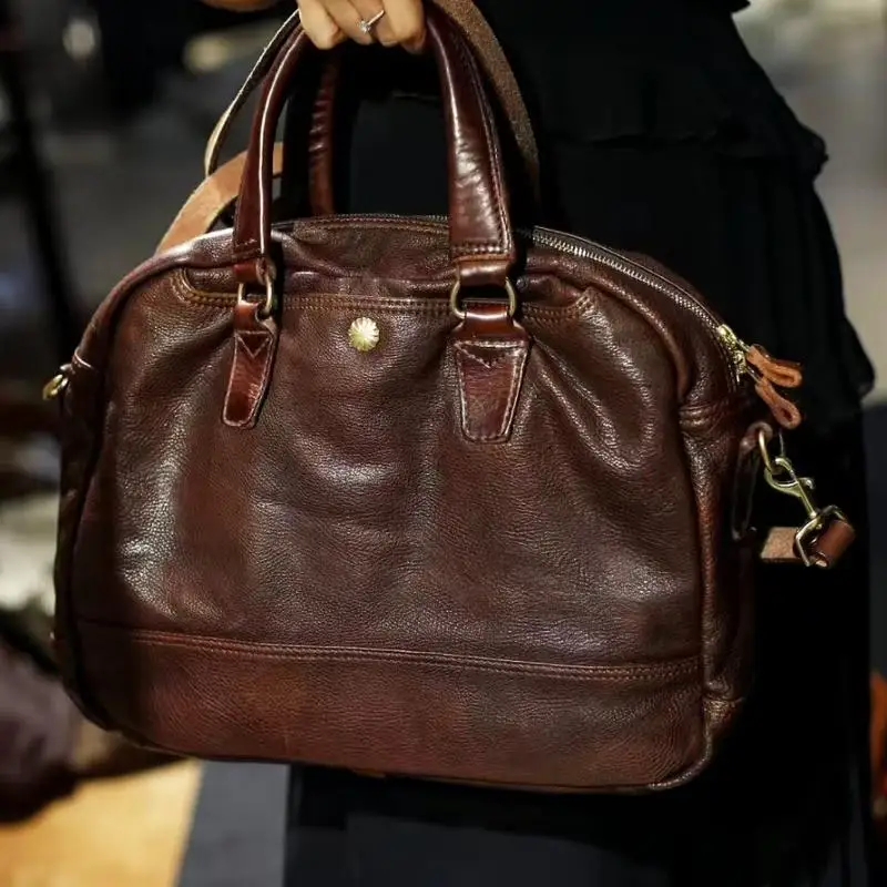 Maletín de negocios de lujo hecho a mano de cuero genuino para hombre y mujer, bolso para ordenador portátil de cuero de vaca real de alta calidad vintage a la moda