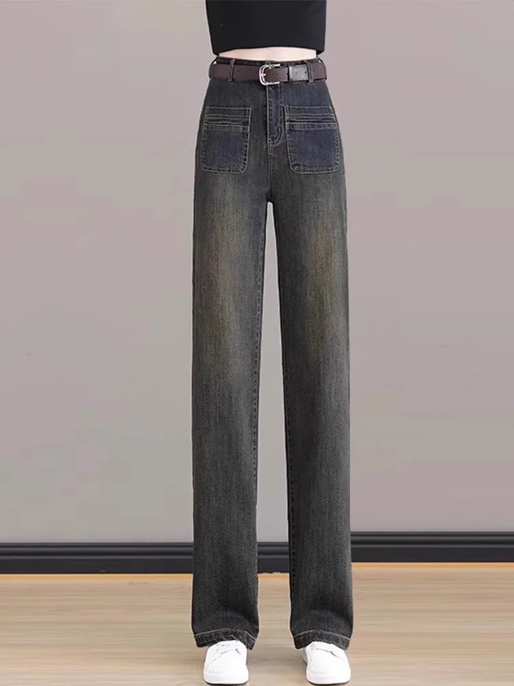 

Джинсы с высокой талией и широкими штанинами для женщин, весна-осень-зима, новые, свободного кроя, на флисовой подкладке, прямые брюки из денима
