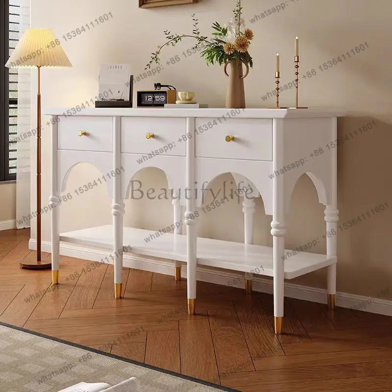 French Cream Style Solid Wood Entrance Cabinet Living Room Entrance Medieval Style Retro Wall Entrance Platform