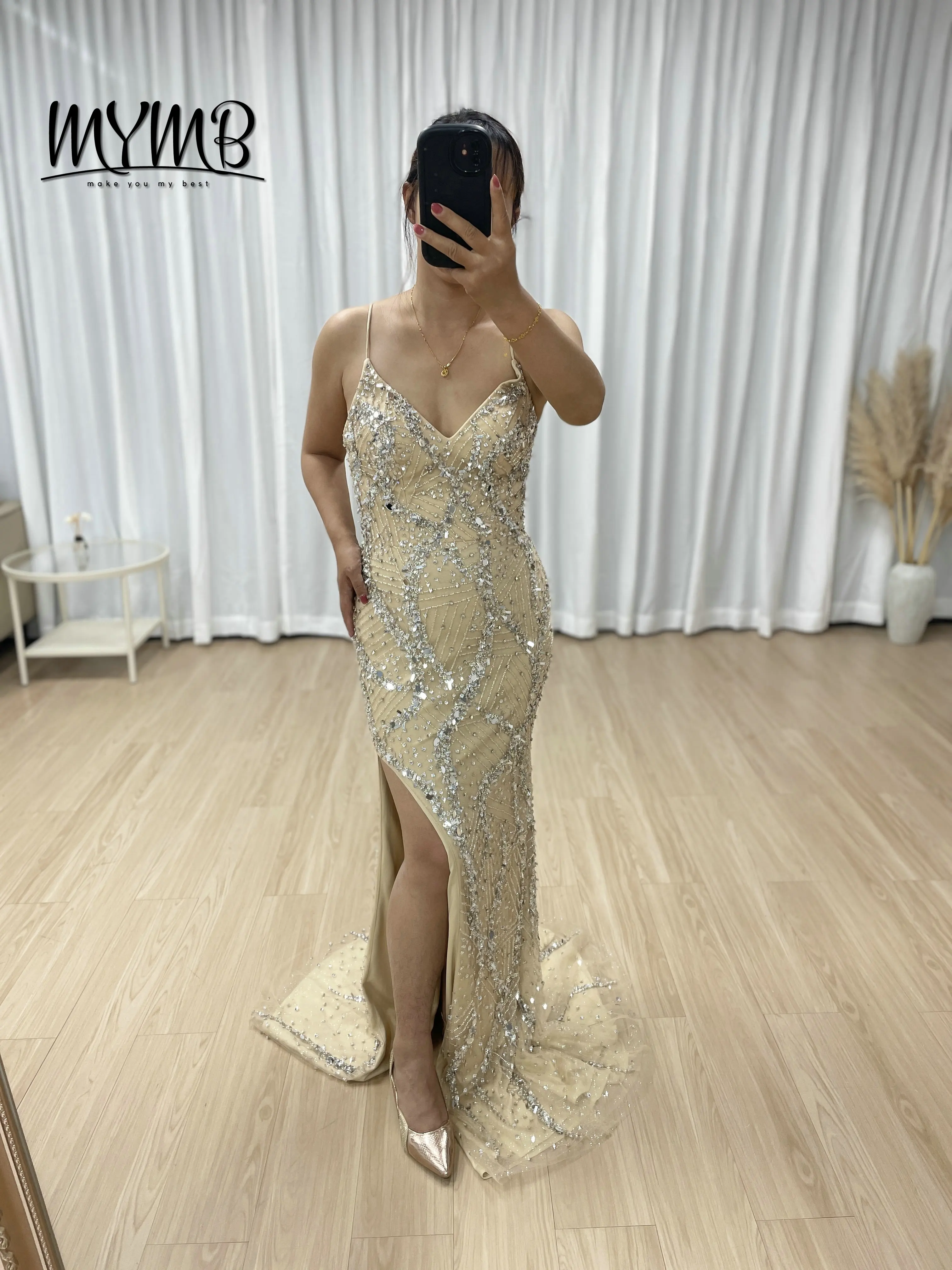 

MYMB Luxury Beads Champagne Formal Gown With V Neck High Split Figure Hugging Design Perfect for Prom Party Gala Night MB40415