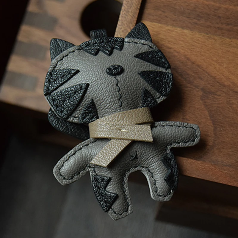 Handmade Leather Rogdoll Cat Keychain Bag Charm Cute Kitten KeyRing image 6