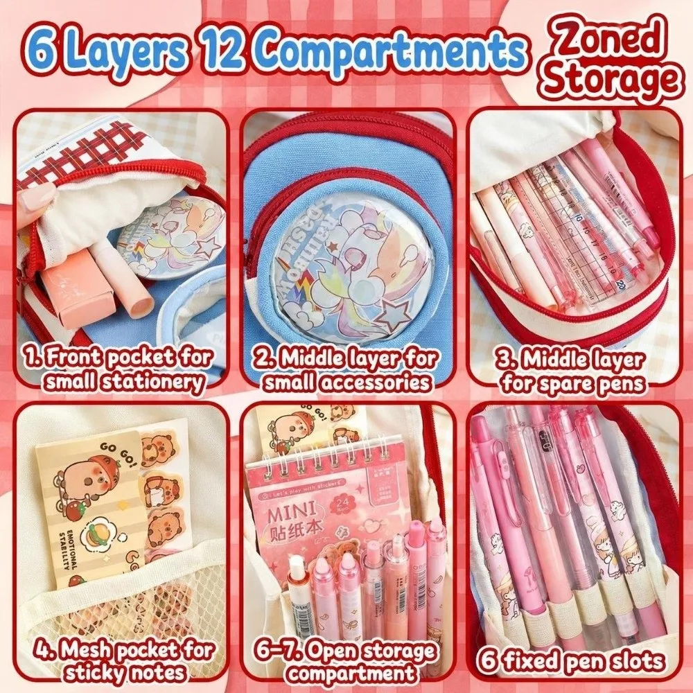 Cute Backpack Shape Pencil Case 6 Layers Portable Pencil Pouch Large Capacity Stationery Organizer School Supplies