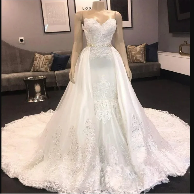 Customized  Sweetheart Appliques Beads Wedding Dress with Removable Skirt  Robe De Mariee  Long Sleeves Vintage  Bridal Gown