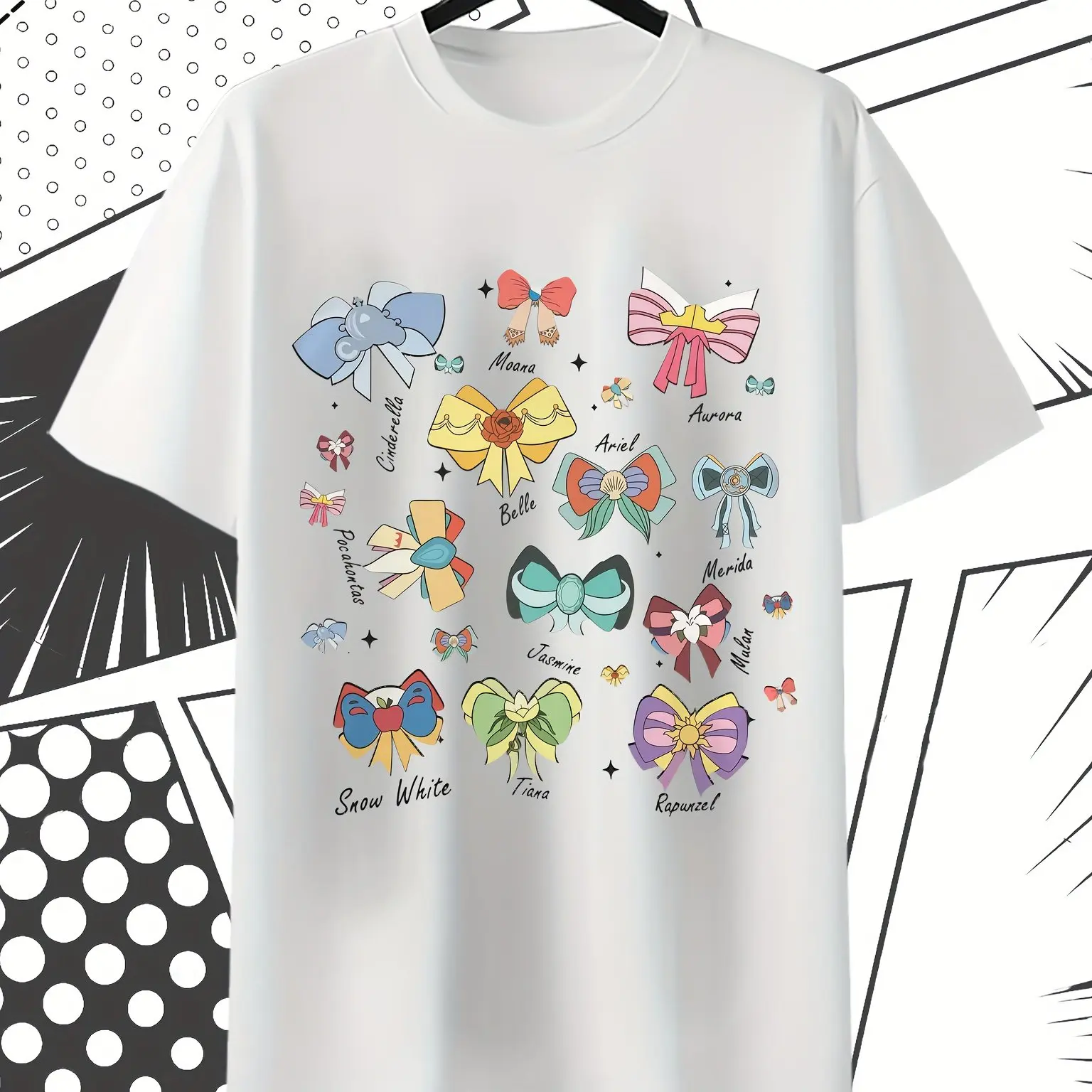 디즈니 프린세스 보우 티셔츠 - 다채로운 만화 공주와 리본 프린트가 있는 반팔 라운드 넥 캐주얼 여름 탑