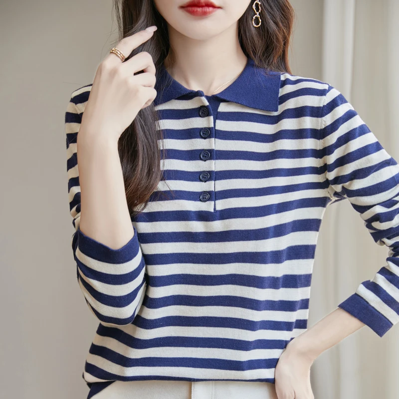 Women 100% Cotton Striped Sweater Polo Collar Pullover Casual Color Blocking Knitwear Long Sleeve Spring Autumn Clothing Tops