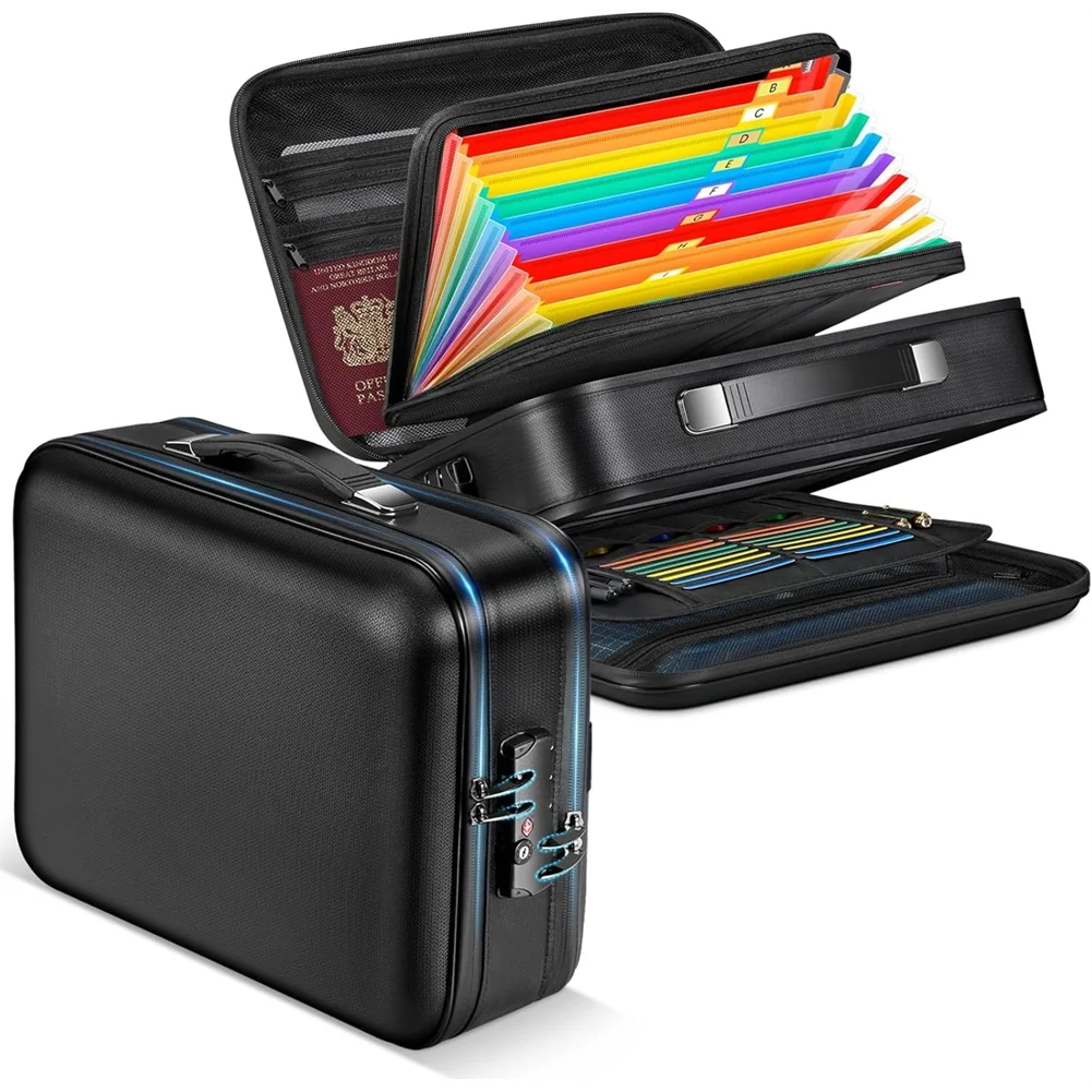 

AT93-Fireproof Hard-Shell Document Box Double-Zip, Waterproof Fire Proof Bag With Lock& File Folder,For Home Office Use