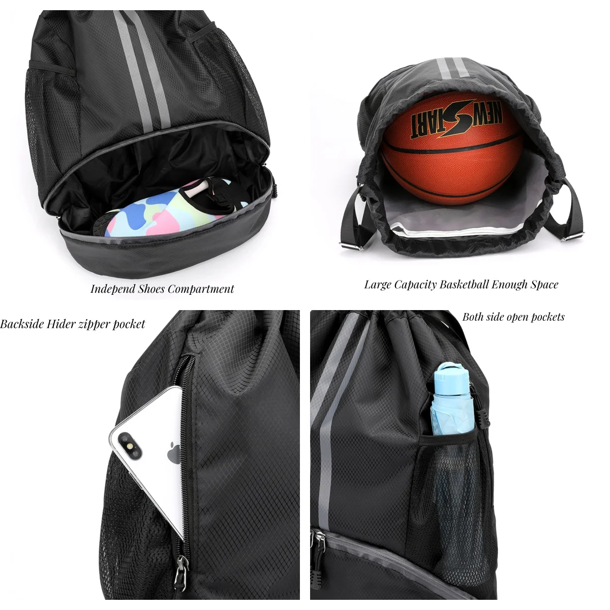 Outdoor Sports Drawstring Backpack Sports Bags for Men Women Large Capacity Gym Bag with Shoes Compartment and Wet Proof Pocket