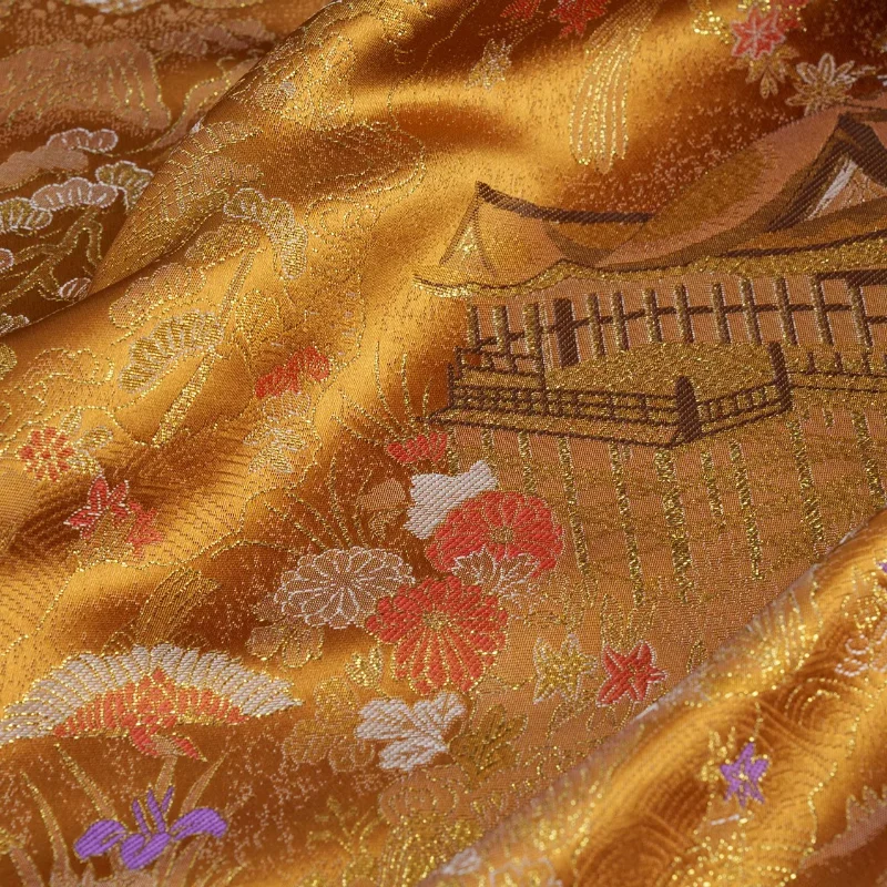 Golden Orange Gilded Pavilion Floral Brocade Satin Jacquard Fabric Soft Silky Lustrous Elegant Jacket Skirt DIY Craft Material