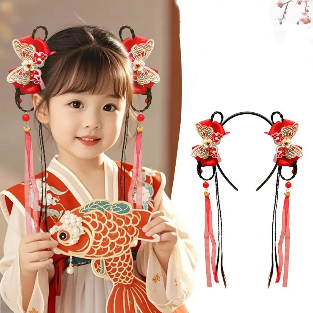 Belle fleur enfants perruque bandeau rouge Style chinois nouvel an cheveux accessoires tresse cheveux fille Hanfu chapeaux année du cheval