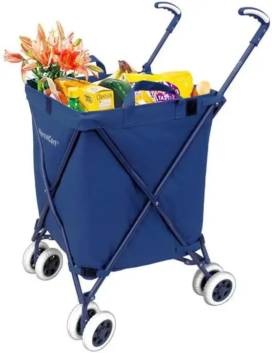 Patented Folding Shopping and Utility Cart, Water-Resistant Heavy-Duty Canvas with Cover, Double Front Swivel Wheels, Compact, T