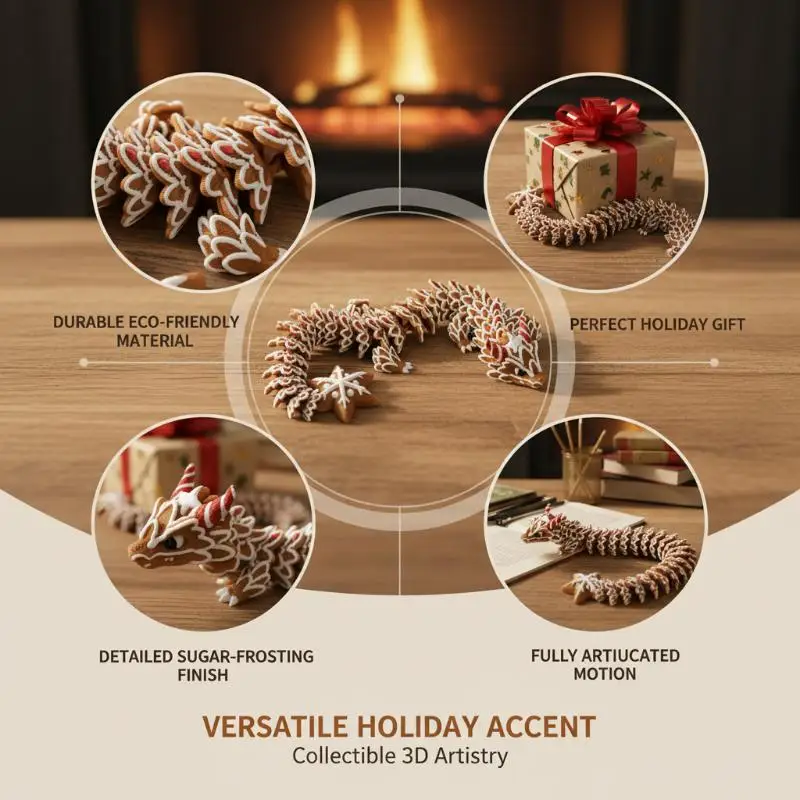 3D Printed Multi-Joint Moveable Gingerbread Dragon Ornament Imitation Cookie Material Stress Relief Holiday Christmas Gift