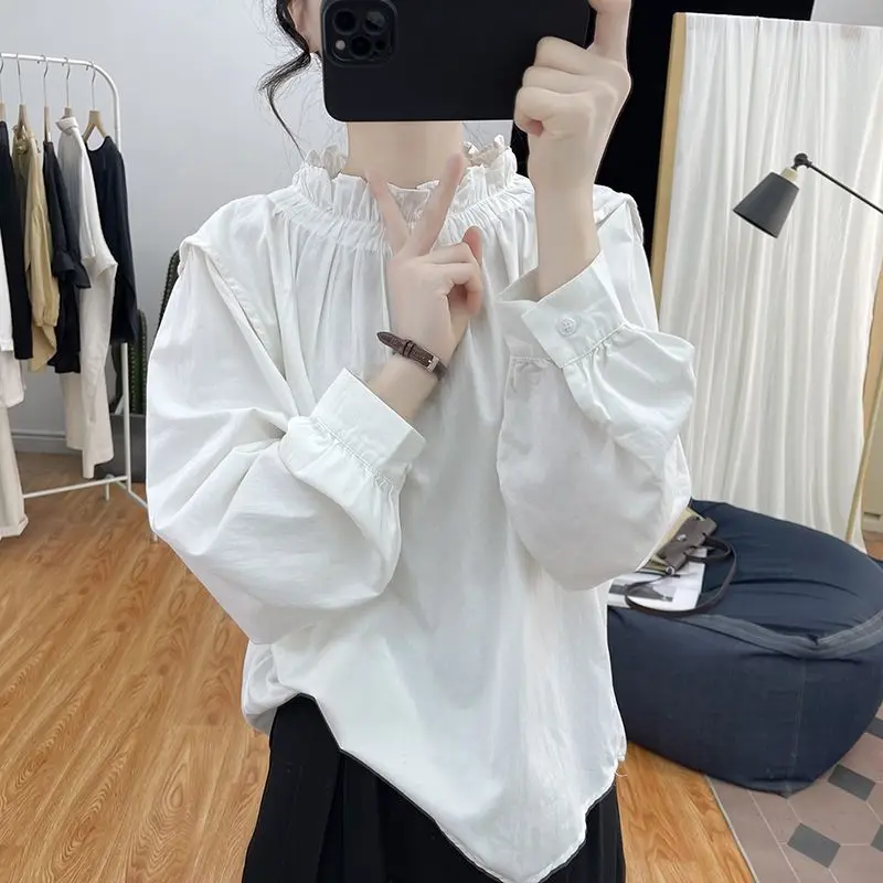 Spring Summer Bubble Sleeve Chiffon Shirt Retro O-Neck Collar Solid All-match Pullovers Loose Fashion Elegant Women Clothing