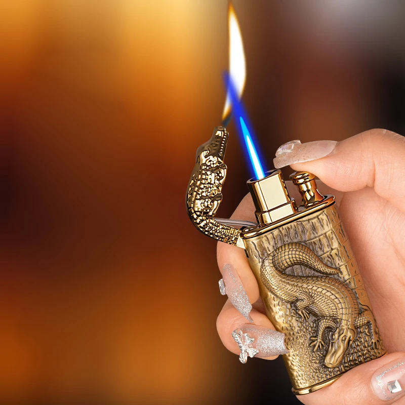 Unusual Metal Crocodile Double Fire Lighters Windproof Gas Lighters Open Flame Cigarette Lighters Men\'s Gadgets Creative Gift