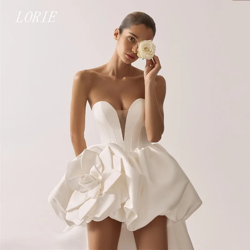 

LORIE 3D Satin Mini Short Wedding Dress Sleeveless Pleat Bridal Dresses Flower Applique Wedding Gown Customized 2026