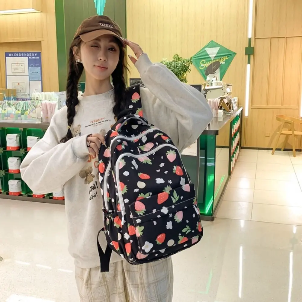 

Large Capacity Strawberry Printed Backpack Multi Pocket Adjustable Strap Students Knapsack Korean Style Harajuku School Bag