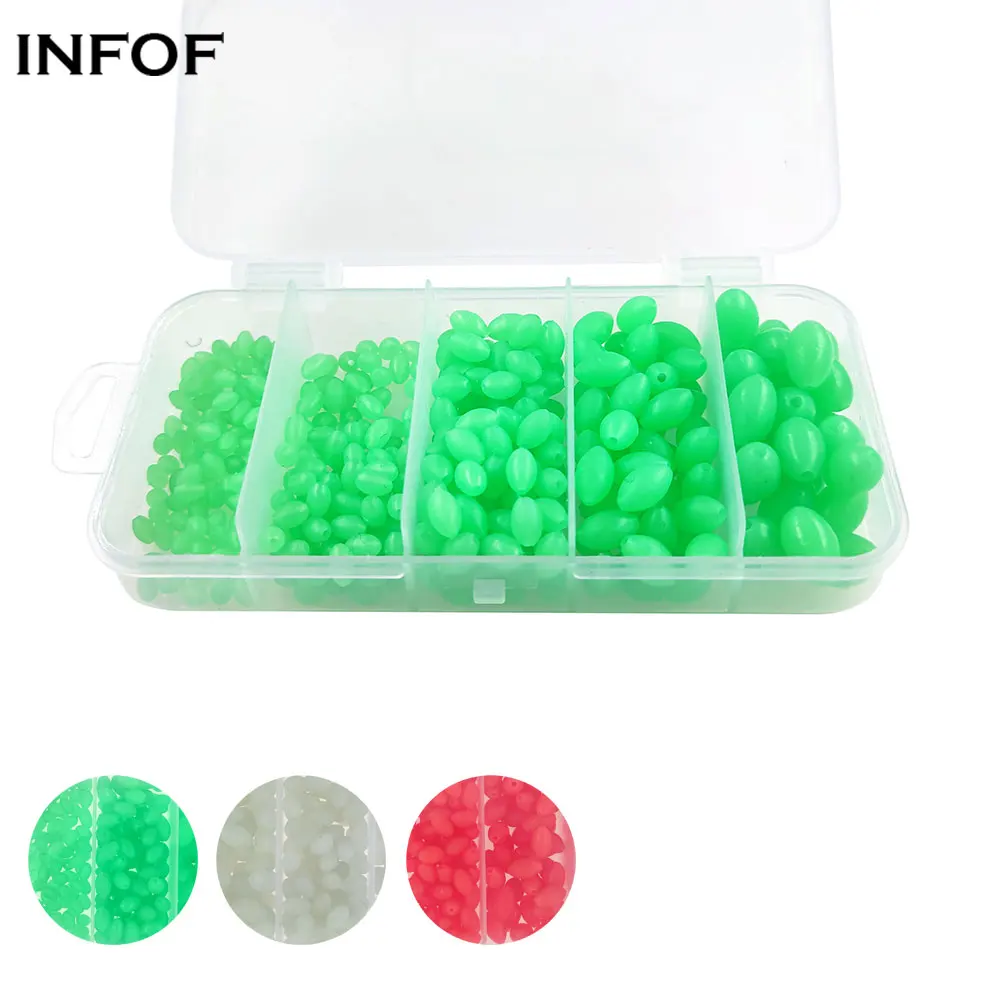 Oval Soft Rubber Fishing Beads Kit 375-pack Luminous Soft Egg Shaped Glow Beads with Hole Fishing Stopper Night Fishing Tackle