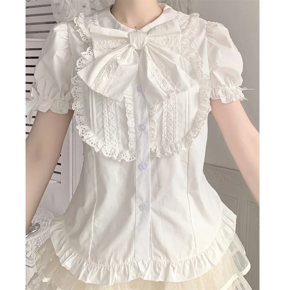 

Summer Japanese Fashion Lolita Costume Top Puff Sleeve Bow White Black Sweet T-shirts Women Kawaii Lace Slim Lapel Lovely Blouse