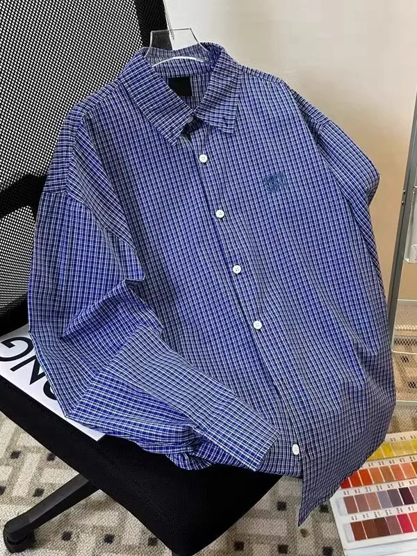 

Американская синяя клетчатая рубашка с длинным рукавом, повседневная, с воротником, женская, весна-осень, новая корейская версия, свободный крой, молодежный тренд