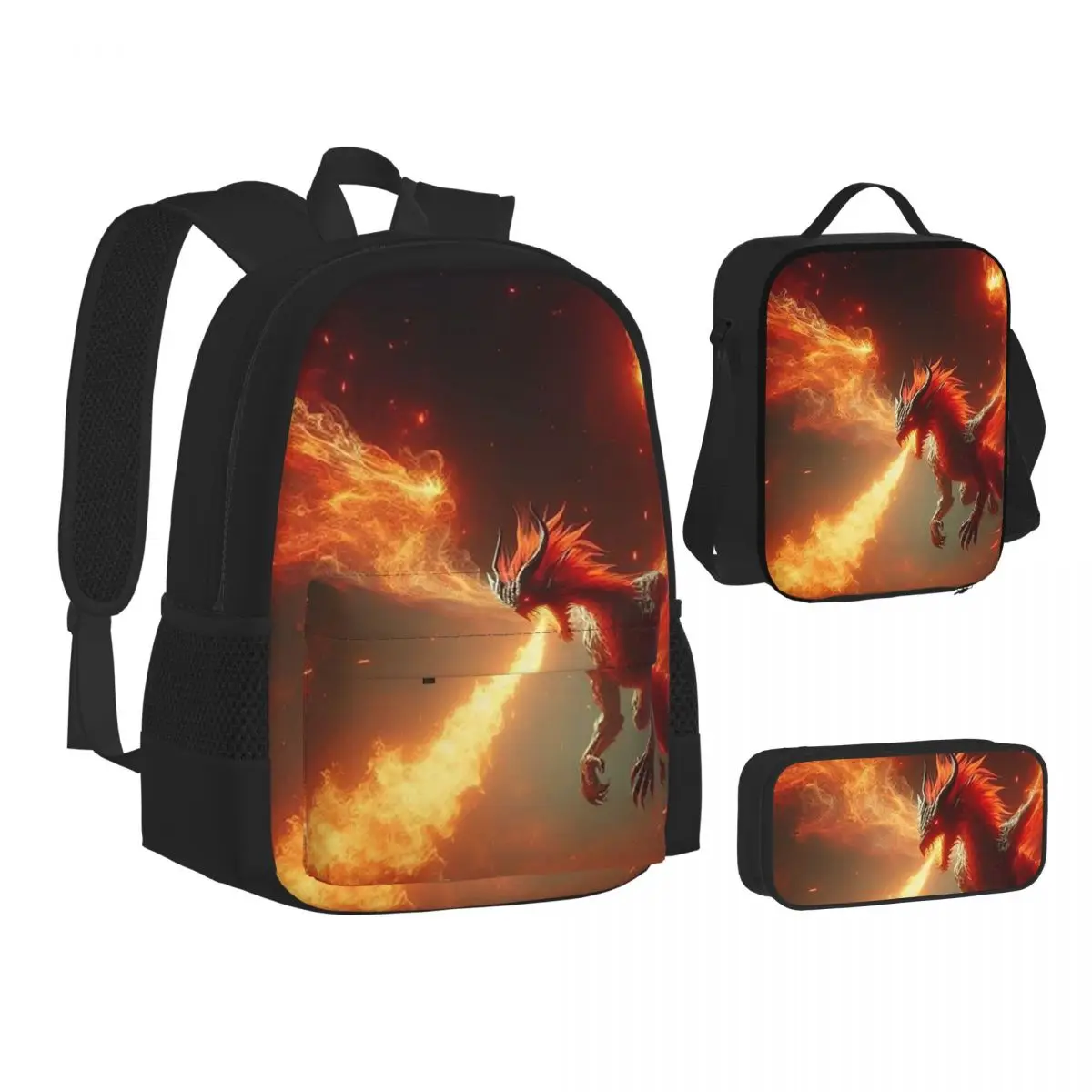 Dragon In The Fire Backpacks Students Bookbag School Bags Children Rucksack Lunch Bag Pen Bag Three-Piece Set
