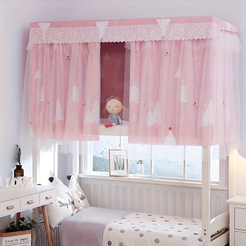 One Double-Layer Bed Curtain with Mesh Fabric and Lace Decoration - for Single Beds, for Light-Blocking and Decoration Purposes