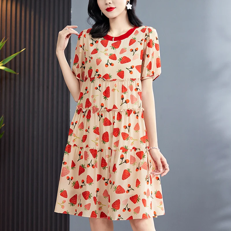 

100% Real Silk Women's Casual Dresses 2024 Summer Elegant O-neck Short Sleeve High Waist Loose Ruffles Woman A-line Print Dress