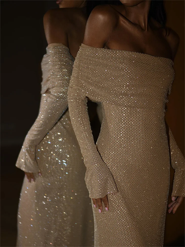 Vestido largo con hombros descubiertos para mujer, elegante, sedoso, impresionante, manga larga, cuello oblicuo, ceñido recto, ropa de noche femenina