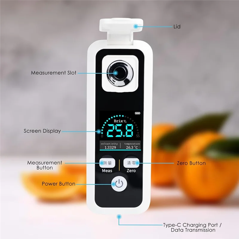 

A58Z Digital Sugar Refractometer 0- 55% Meter With ATC, Precision Rechargeable Sugar Content Meter For Juice, Wine