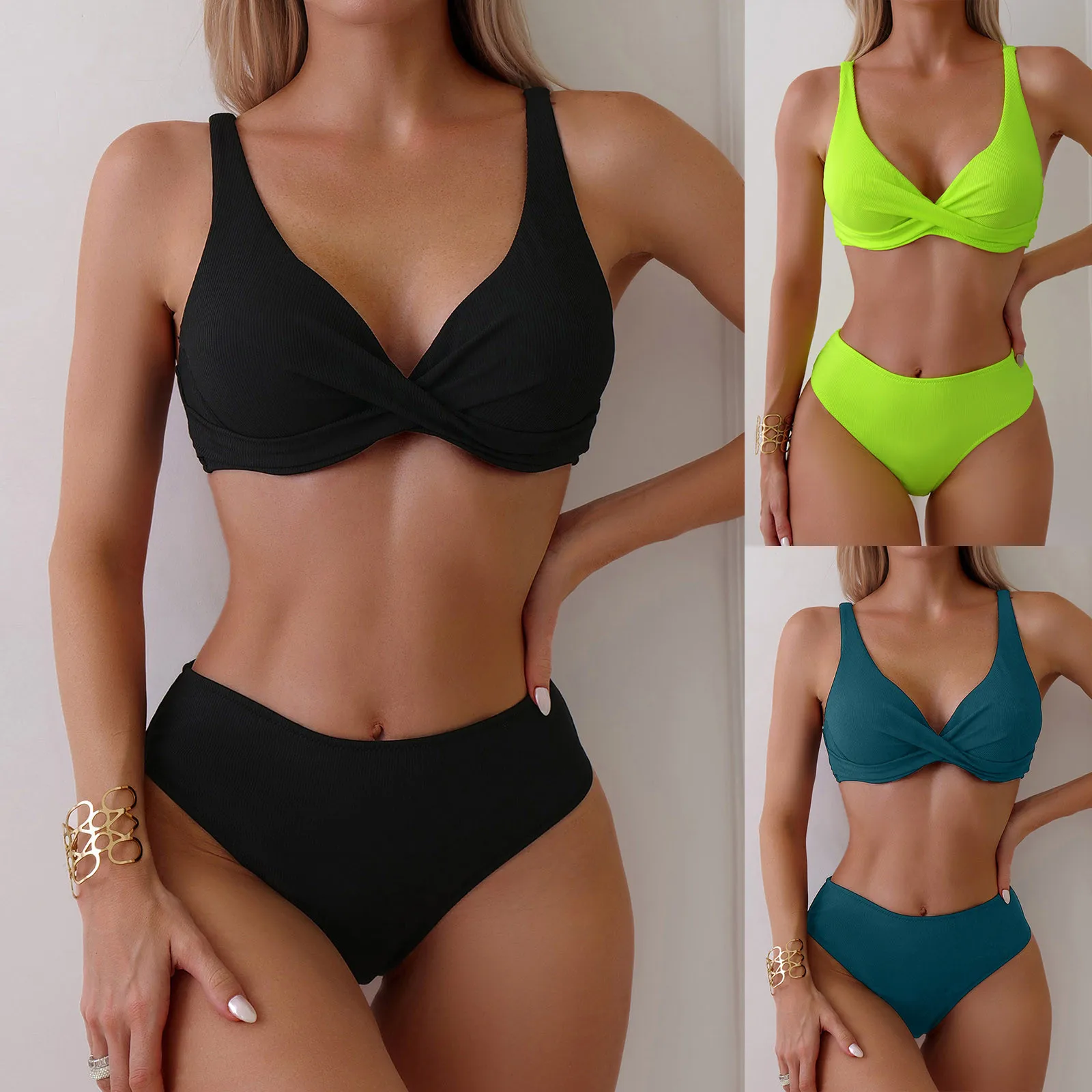 Frauen Bikini 2024 sexy Push-up zweiteilige Badeanzüge Kreuz riemen Bade bekleidung solide geraffte Bikini-Set mit hoher Taille brasilia nische Strand kleidung