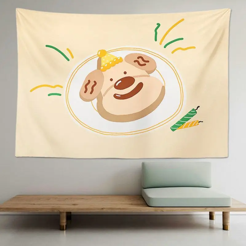 VIKAMA Cute Teddy Puppy Tapestry Simple Strap Cartoon Puppy Art Wall Hanging Living Room Sofa Background Wall Room Decoration