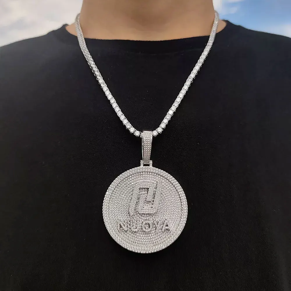 Hip Hop Personalizd Custom 60/80mm Name Letter Circle Shaped Disk Cubic Zirconia Iced Out Cz Name Big Pendant Necklace For Men