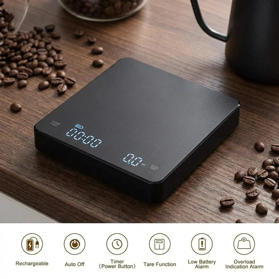 USB Rechargeable Digital Espresso Scale with Timer LED Screen, 3kg 0.1g Precision Kitchen Scale Support g oz ml Unit Conversion