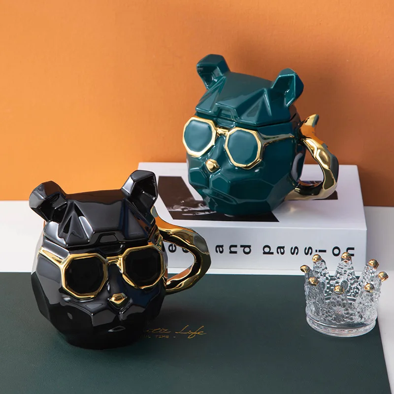 500ml Creative Green Dog Head Shaped Ceramic Covered Mug Coffee Cup Decorations for Living Room Office Home Decoration