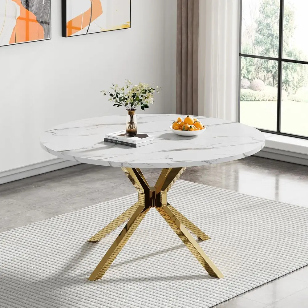 

47 Round Marble Dining Table for 4-6, Elegant White Marble Kitchen Table, 6-Seat Luxurious Circular Dining Table with Gold X-Bas