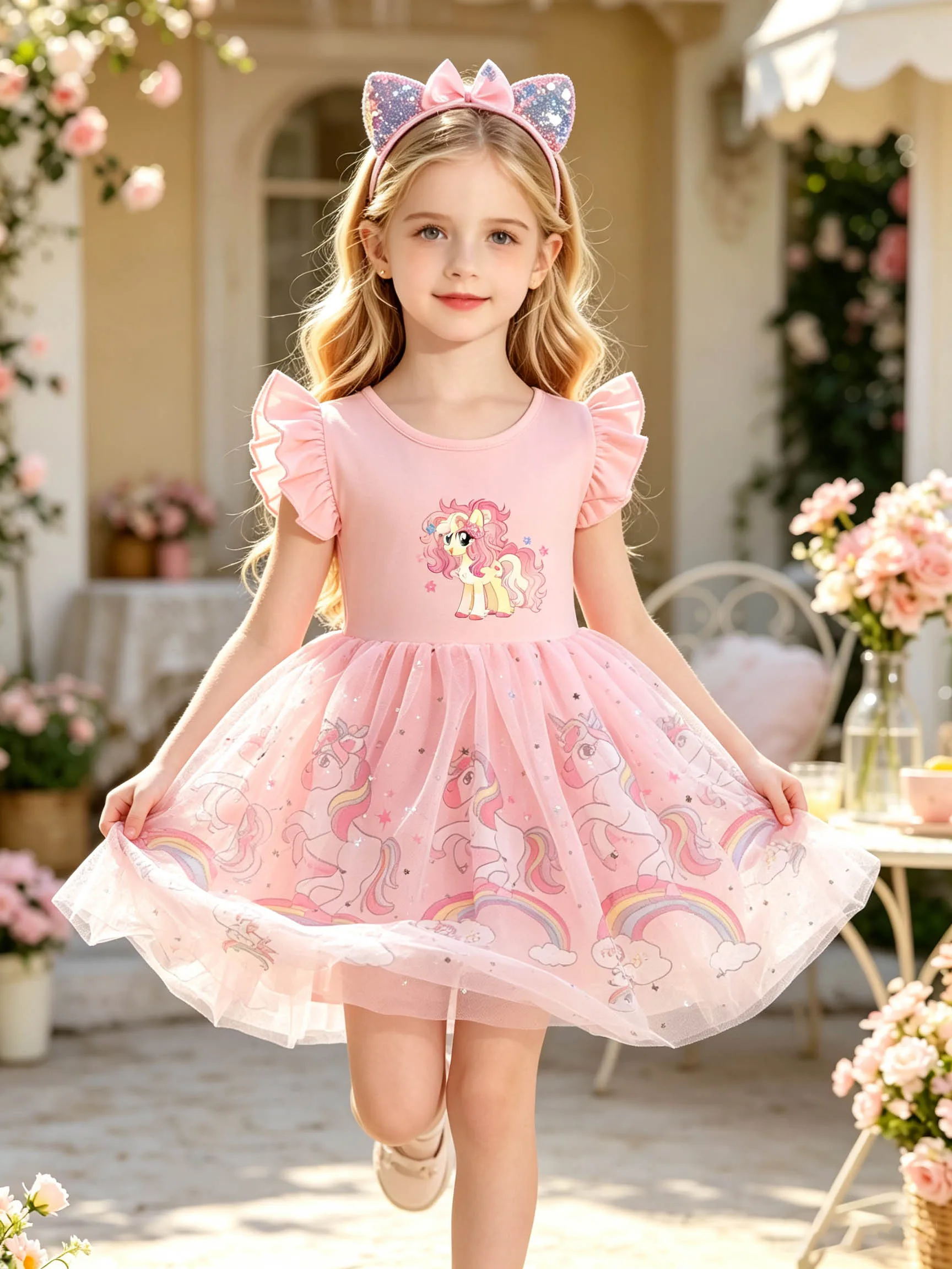 Girls' Short-Sleeve Fairy Dress with Floral Unicorn Prints, Kids' Summer Puffy Tulle Dress with Sparkly Cloud Mesh Fabric