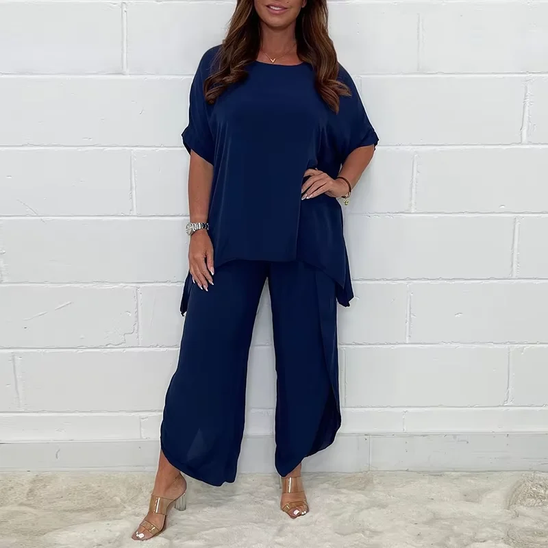 Loose Casual Solid Color Sets For Women Summer New Fashion Irregular Pullovers Long Pants Two Piece Sets Commute Elegant Clothes