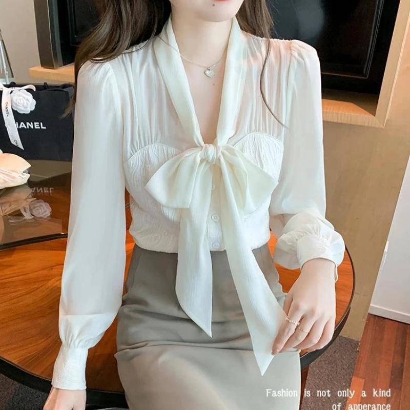 Temperamento arco laço fino blusa curta primavera outono nova manga longa sólida elegante camisa topos moda doce roupas femininas