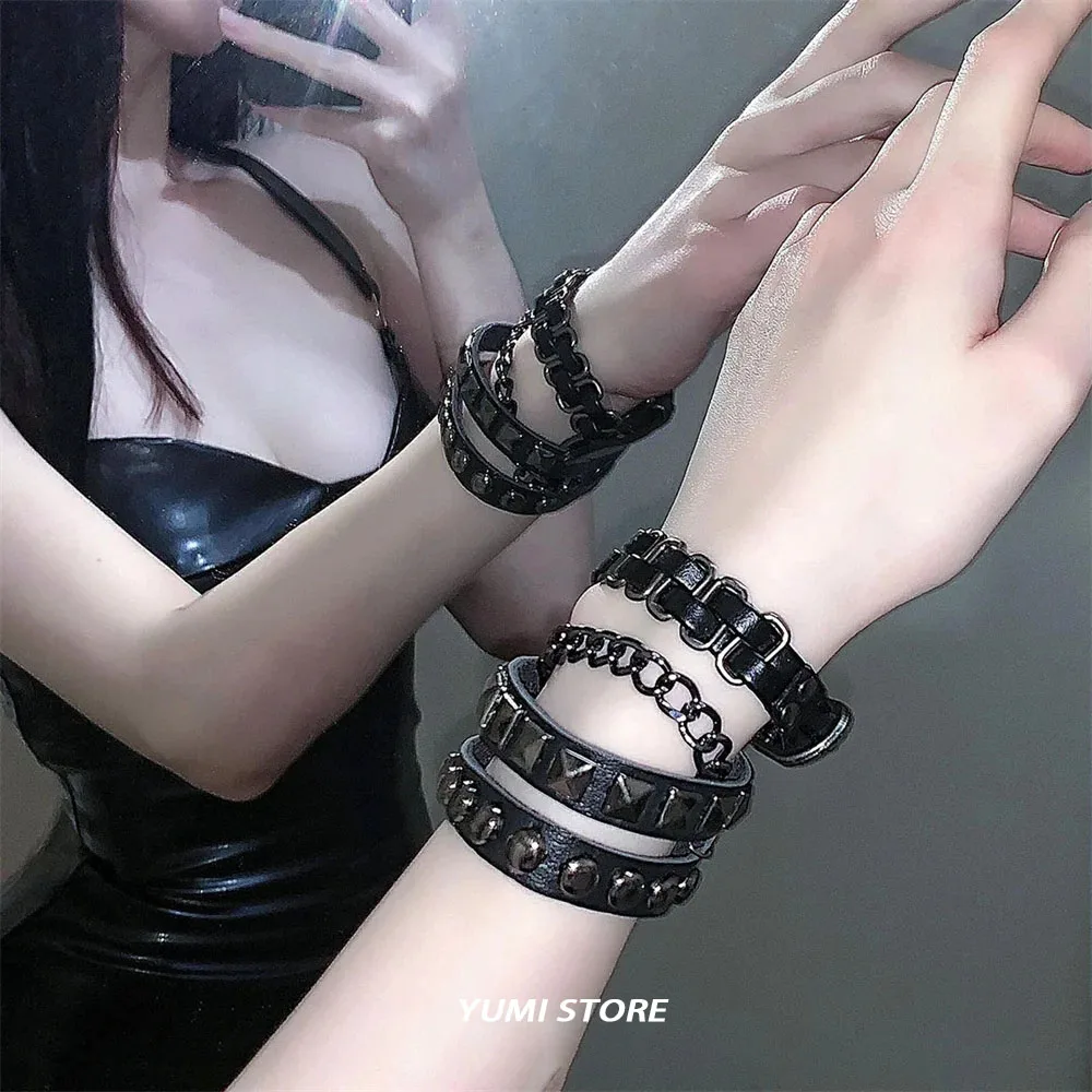 New Punk Dark PU Bracelet For Women Men Hip Hop Rock Chain Multi Layered Bracelet Trend Retro Gothic Jewelry Dancer Accessories