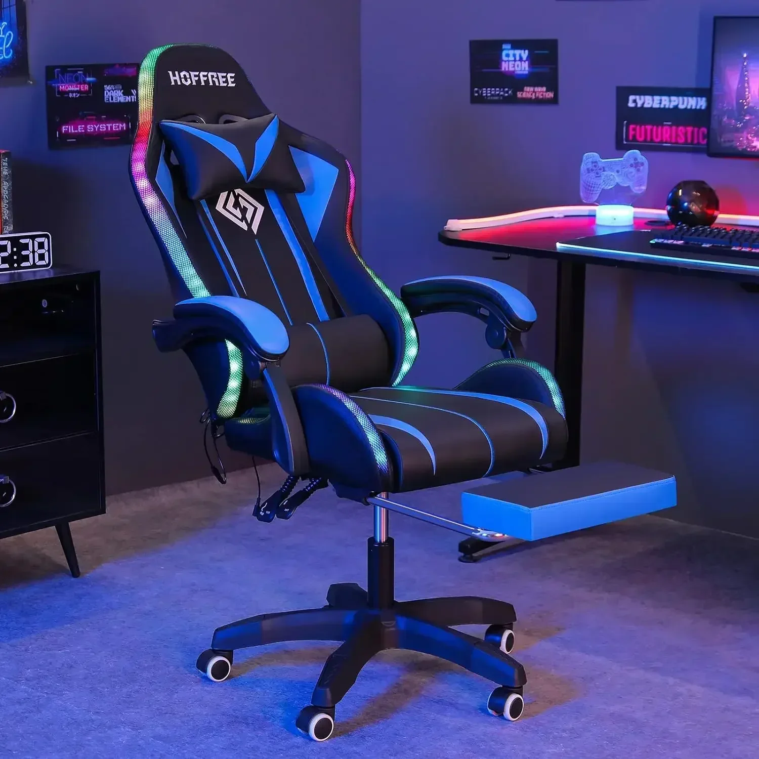 Furniture suppliesGaming Chair with Bluetooth Speakers and RGB LED Lights Ergonomic Massage Video Game Chair with Footrest High