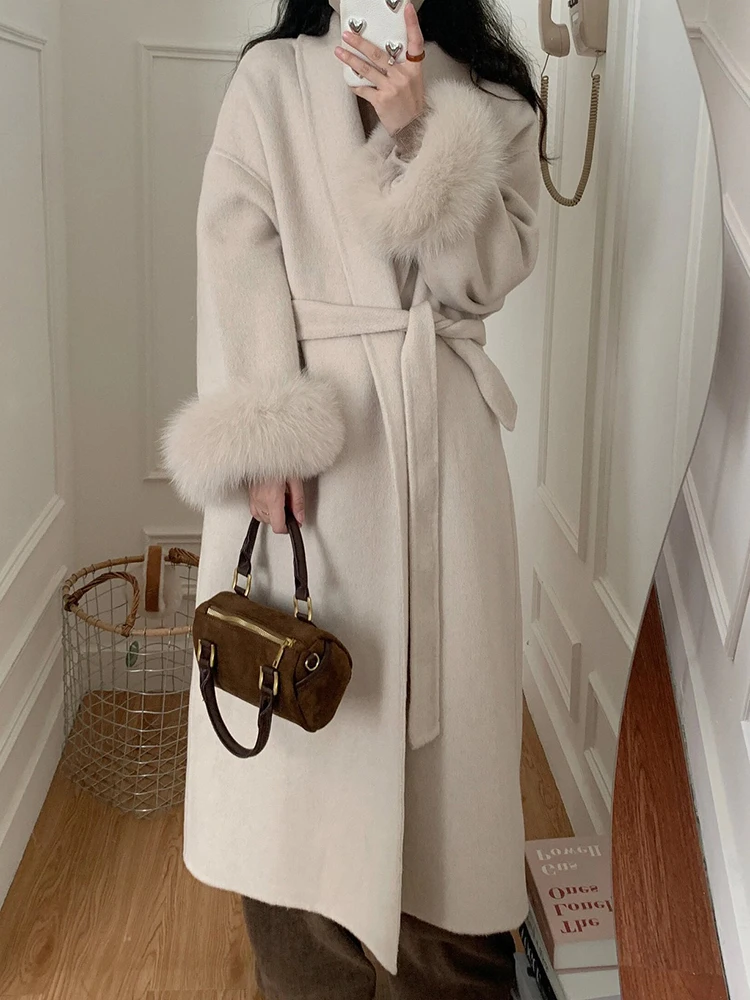 FANAN Elegant Fox Fur Sleeve Design Wool Coats For Women Lapel Belt Gathered Waist Thick Warm Female Outwear 2025 Winter New