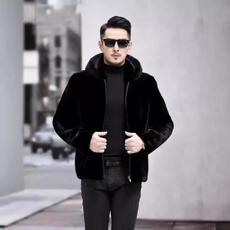 

Autumn Winter Men's Faux Fur Mink Coat Golden Mink Fleece Hooded Casual Jacket Faux Mink Fleece High-end Fashionable Outerwear