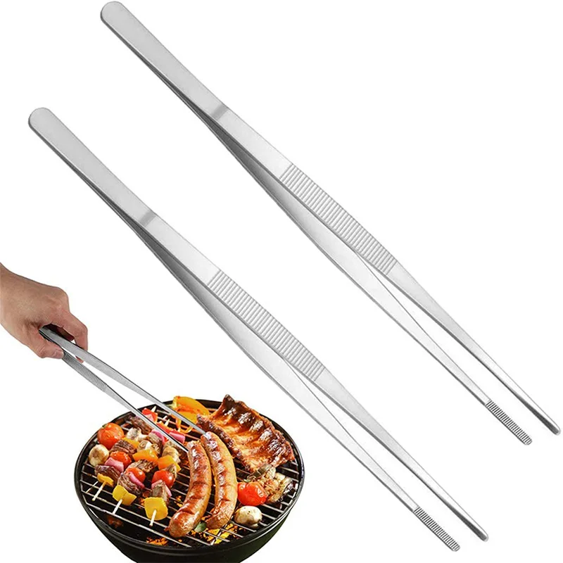 Stainless Steel Toothed Tweezer Long Barbecue Food Tong Straight Tweezer Home Medical Garden Kitchen BBQ Tool Eyelash Tweezers