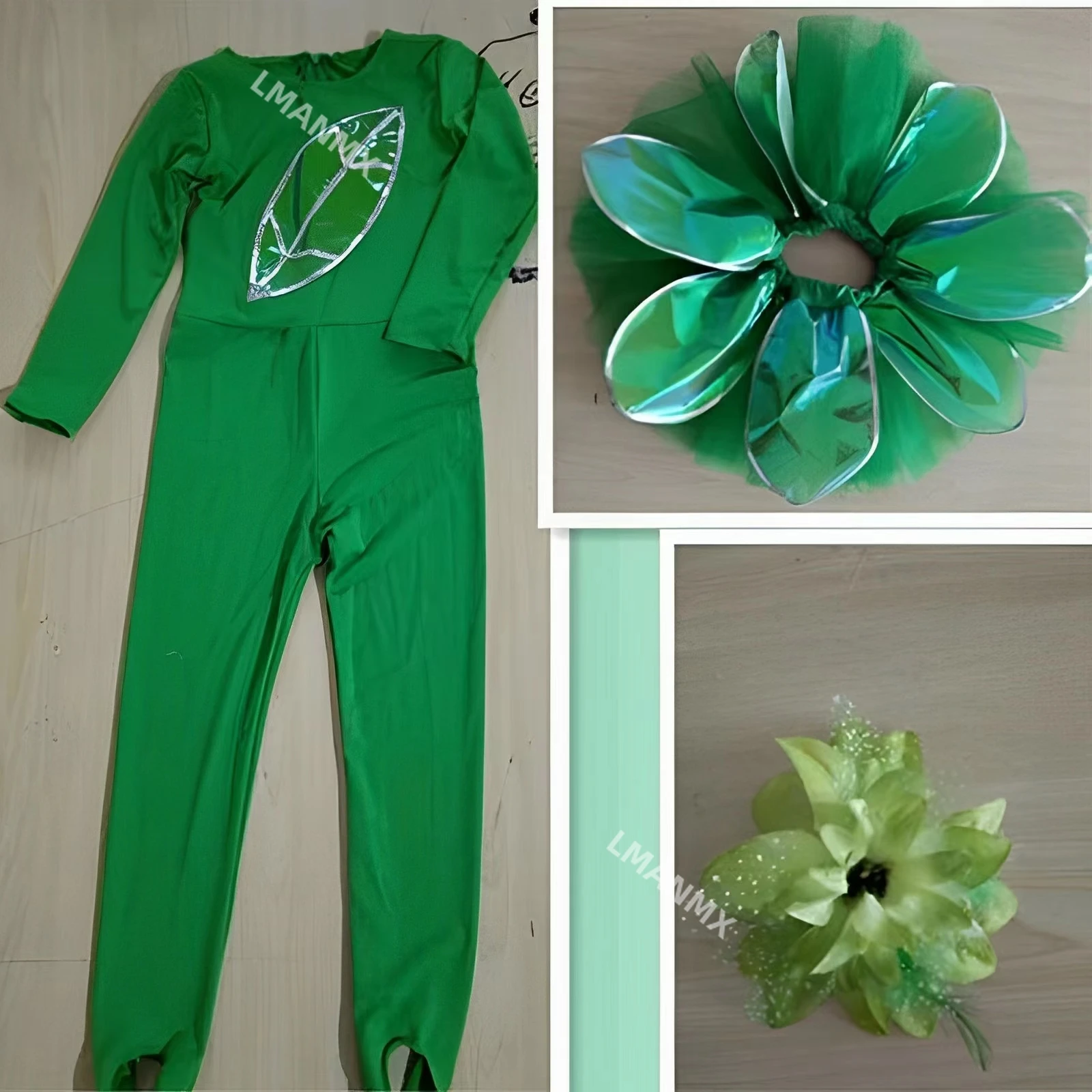 Folhas verdes realizando trajes do movimento da floresta, vestido de dança infantil, conjunto de roupas ambientais de baixo carbono