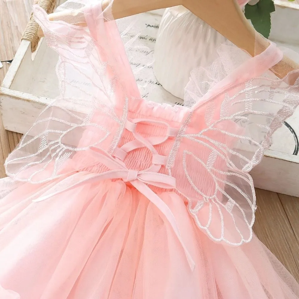 Vestido de princesa com cadarço para meninas, sem mangas, renda, vestido bolha, novo design, casual, asa de borboleta, pettiskirt