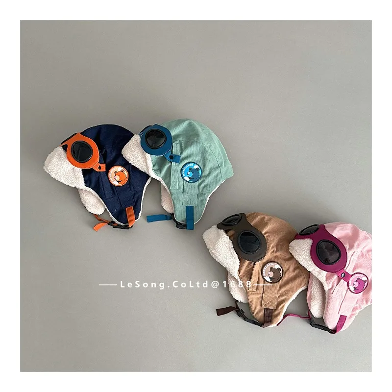 Gorro de invierno para niños con parche de oso, gorros de bombardero gruesos de lana para niños y niñas, gorro de esquí con protección para los oídos a prueba de viento H1544