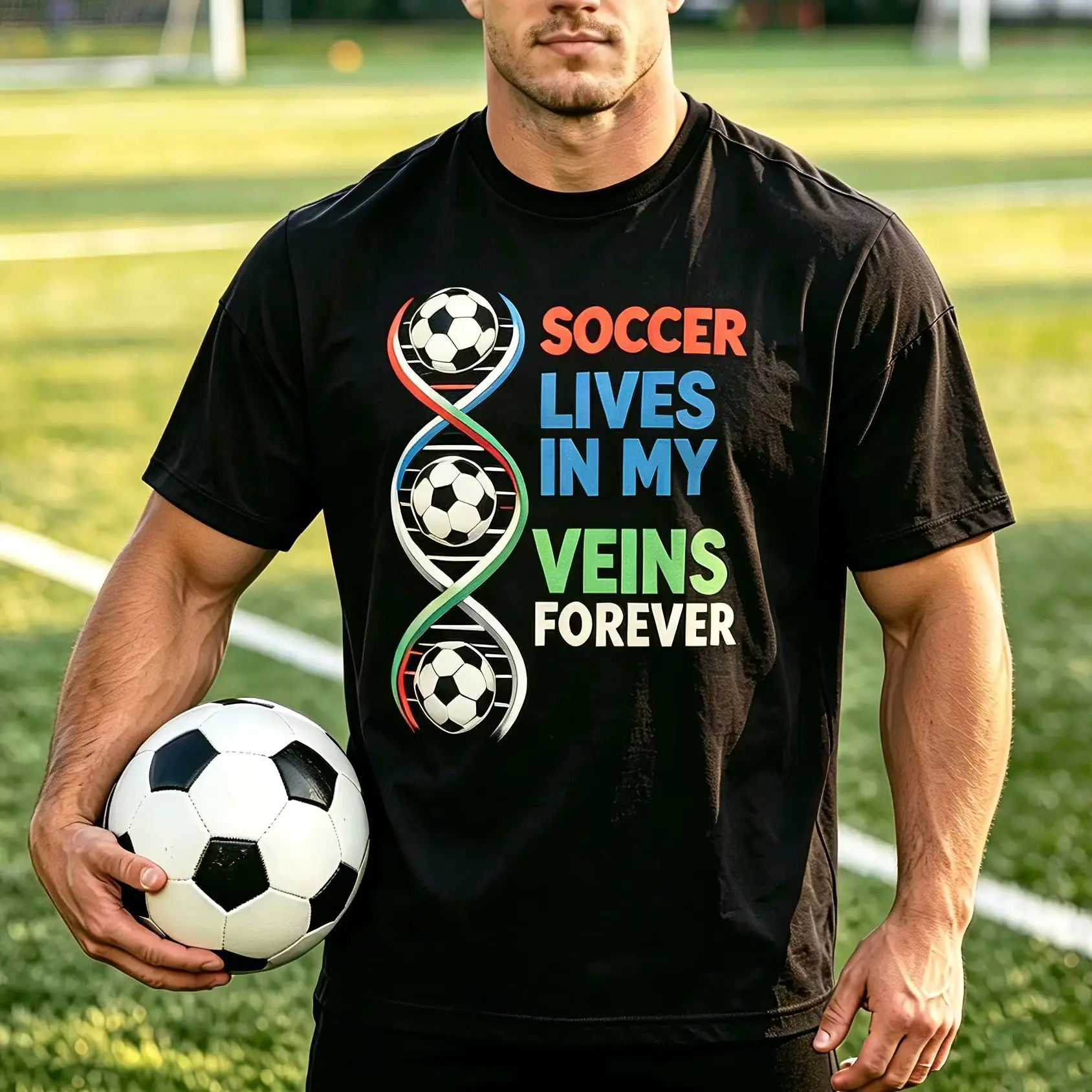 Men's Soccer Lives In My Veins Forever Graphic T-Shirt Short Sleeve Crew Neck Tee Soccer Fan Sports Lover Tops Casual Daily Wear
