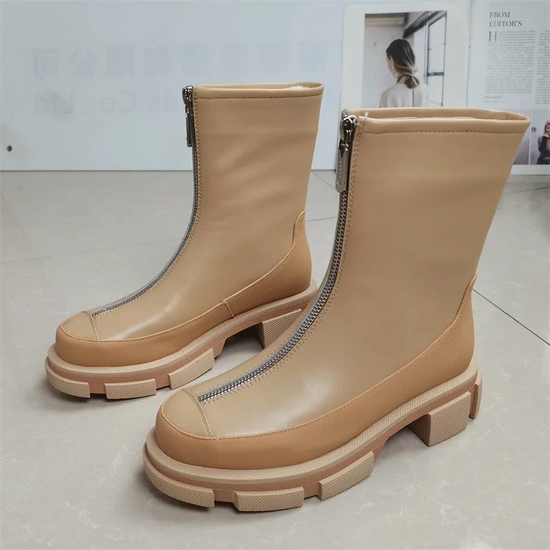 Meotina Ins Genuine Leather Women Mid Calf Boots Brand Platform Thick Low Heel Booties Zipper Design Ladies Shoes Autumn Winter