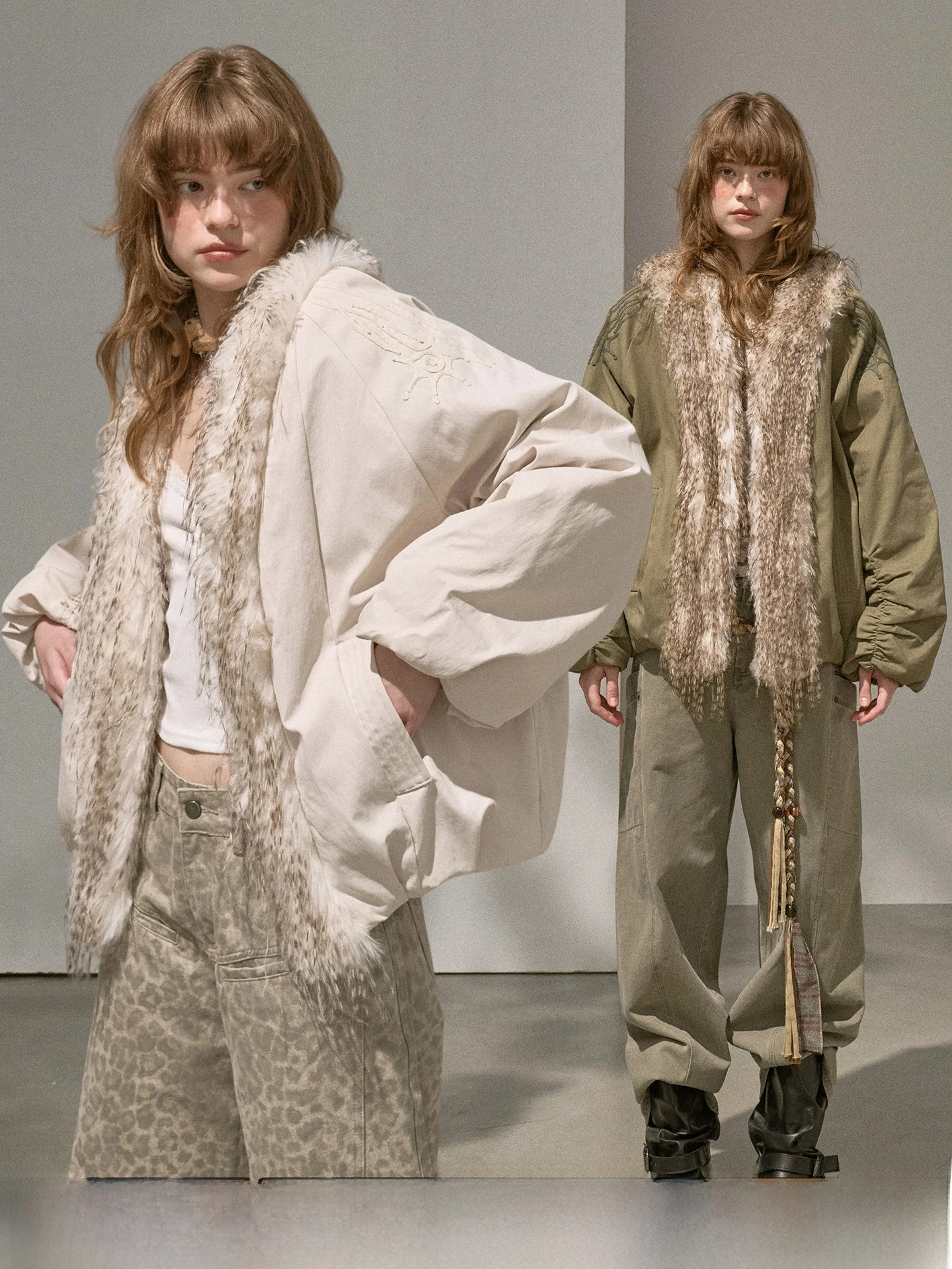 

DIDDI MODA Women's White Embroidered Jaet oulder Drop Sli Simple Cotton Coat with Fur Collar Winter Outerwear