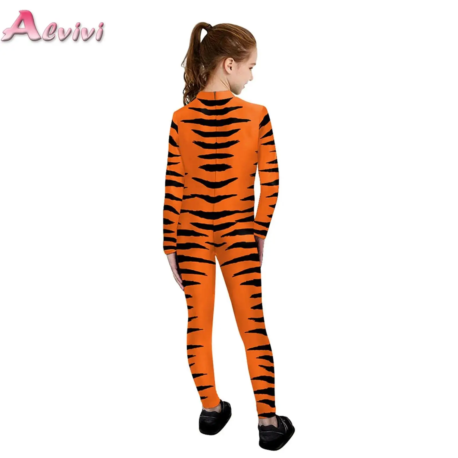 Unisex Kids Boys Girls Halloween Cosplay Costume Tiger 3D Printed Jumpsuit Long Sleeve Bodysuit for Dress-up Stage Performance
