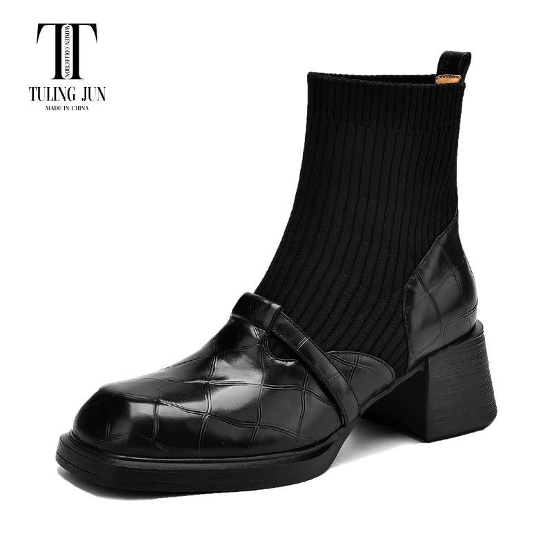 

TULING JUN 2024 Winter Concise Woman Square Toe Ankle Boots High Heels Solid Color Slip-on Shoes For Female Elegant T-A1012