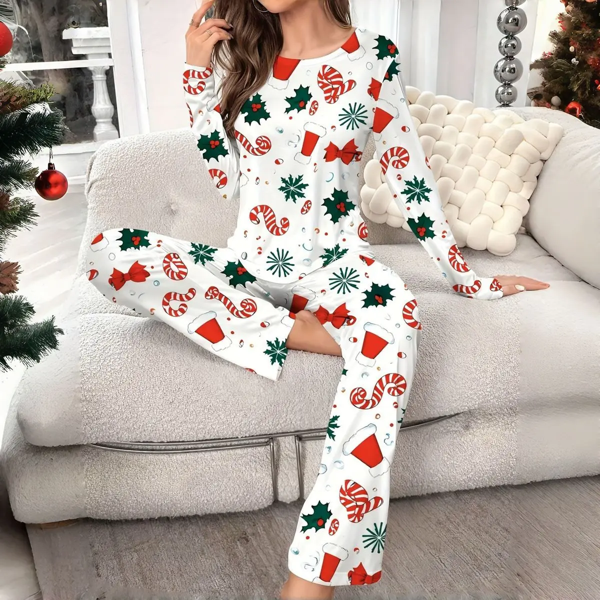 Women's Sleepwear Christmas Pajamas Set Autumn Winter Floral Printed Long Sleeve T-shirt and Long Pants Suit Loungewear